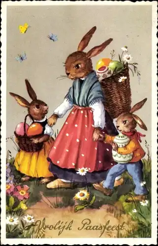 Ak Glückwunsch Ostern, Vrolijk Paasfeest, Osterhasen, Mutter mit Kindern, Ostereier, Schmetterlinge