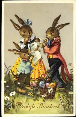 Glitzer Ak Glückwunsch Ostern, Vrolijk Paasfeest, Osterhasen, Flöte