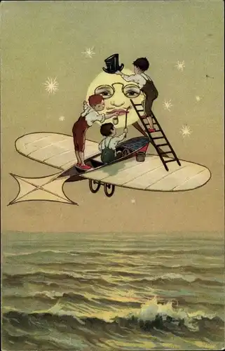 Ak Mond über dem Meer, Mondgesicht, Kinder auf Flugzeug, Zylinder, Pfeife