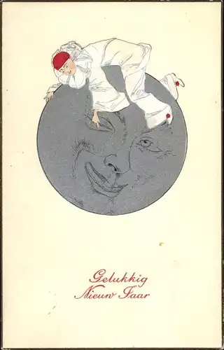 Ak Glückwunsch Neujahr, Gelukkig Nieuw Jaar, Pierrot, Mond, Mondgesicht