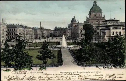 Ak Leipzig in Sachsen, Reichsgericht mit Schmuckplatz und Villen, Brunnen mit Fontäne