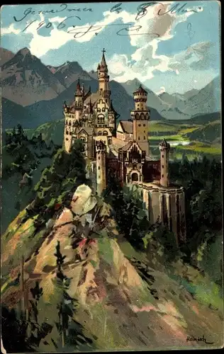 Künstler Ak Heinisch, Schloss Neuschwanstein, Alpenpanorama