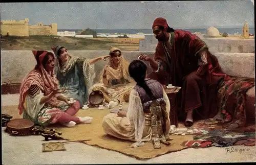 Künstler Ak Auf der Terrasse, Maghreb, Teppich, Gespräch