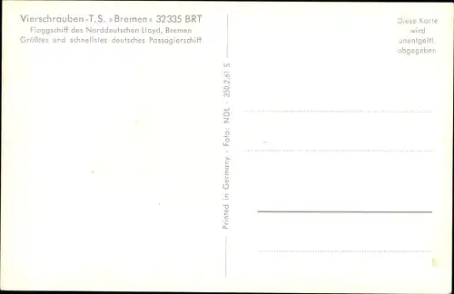 Ak Vierschrauben TS Bremen, Dampfer, Norddeutscher Lloyd