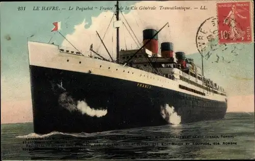 Ak Le Havre, Le Paquebot France, CGT French Line, Dampfer