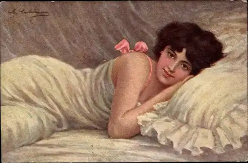 Künstler Ak Gemaltes Portrait einer Frau, Unterwäsche, Bett, Schleife, Kissen