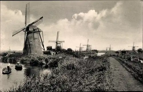 Ak Niederlande, Molens in den polder, Windmühlen, Ruderboote