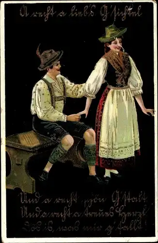 Ak Liebespaar in bayrischen Trachten, Holzbank