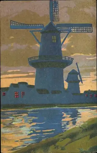 Ak Windmühlen, Partie am Fluss, Häuser