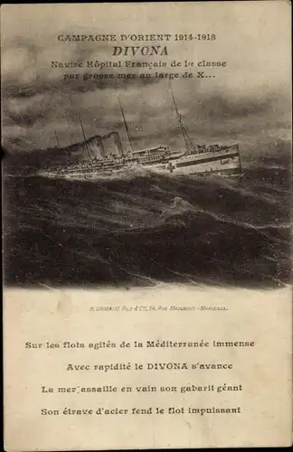 Ak Campagne d'Orient 1914-1918, Navire Hopital Francais Divona
