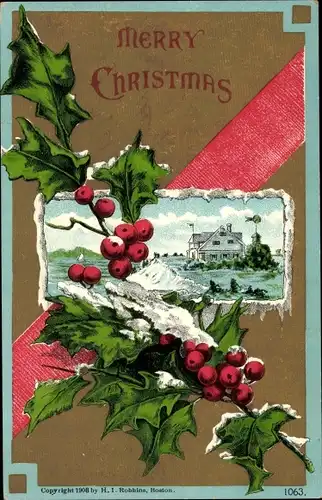 Präge Ak Glückwunsch Weihnachten, Stechpalme, Haus am Wasser