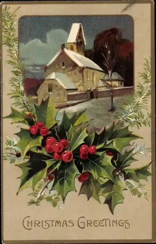 Präge Ak Glückwunsch Weihnachten, Stechpalme, Kirche