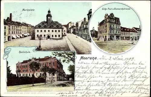 Ak Meerane in Sachsen, Poststraße, Bismarckstraße, Marktplatz, Rathaus, Realschule