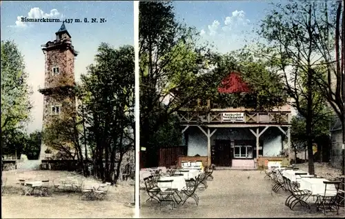 Ak Berggießhübel Sachsen, Bismarckturm, Gasthaus auf der Panoramahöhe, Inh. O. Mauksch