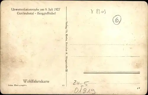 Ak Berggießhübel in Sachsen, Unwetterkatastrophe 8. Juli 1927, Zerstörungen