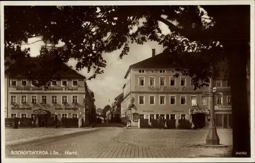 Ak Bischofswerda, Markt, Hotel zum goldnen Engel, Hotel Goldne Sonne