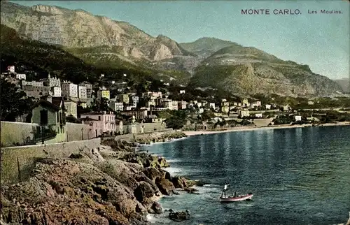 Ak Monte Carlo Monaco, Les Moulins, Blick auf den Ort, Berge, Häuser, Ruderboot
