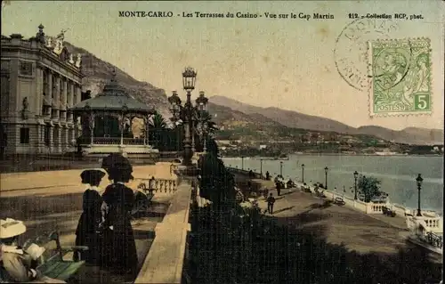Ak Monte Carlo Monaco, Les Terrasses du Casino, Vue sur le Cap Martin