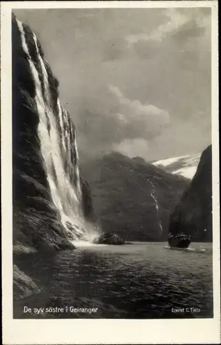 Ak Geiranger Norwegen, De syv söstre, Wasserfall
