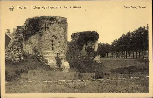 Ak Tournai Wallonien Hennegau, Ruines des Remparts, Tours Marvis