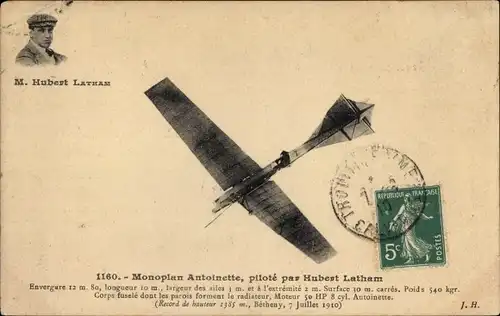 Ak Monoplan Antoinette, pilote par Hubert Latham, Flugpionier