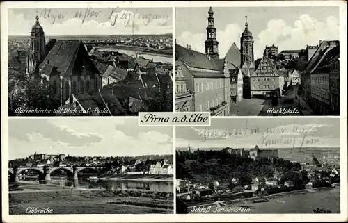 Ak Pirna an der Elbe, Marktplatz, Elbbrücke, Schloss Sonnenstein, Marienkirche mit Blick auf Posta