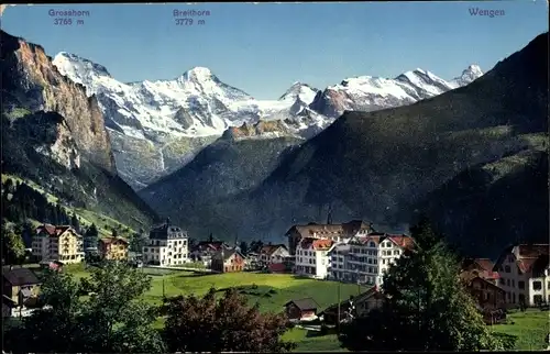 Ak Wengen Kanton Bern, Totalansicht mit Breithorn und Großhorn