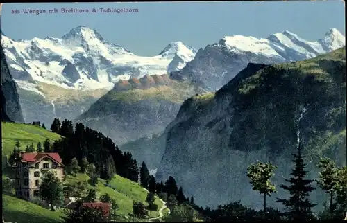 Ak Wengen Kanton Bern, Totalansicht mit Breithorn und Tschingelhorn