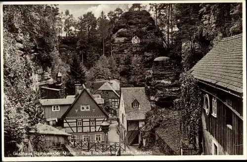 Ak Rathewalde Hohnstein in der Sächsischen Schweiz, Blick zum Gasthof Rathewalder Mühle, Post