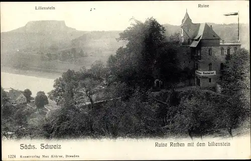 Ak Kurort Rathen im Elbsandsteingebirge, Ruine Rathen mit dem Lilienstein