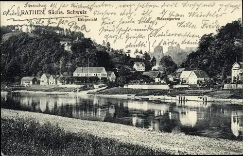 Ak Rathen an der Elbe Sächsische Schweiz, Blick auf Erbgericht und Rosengarten