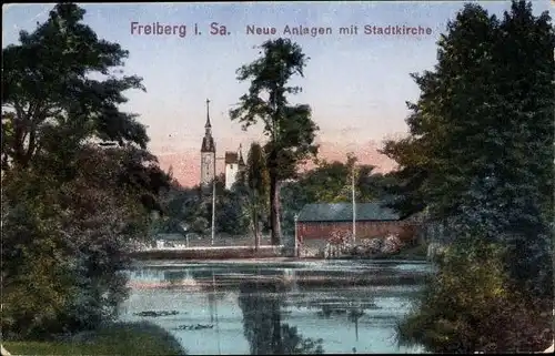 Ak Freiberg in Sachsen, Neue Anlagen mit Stadtkirche