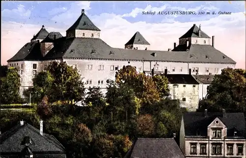 Ak Augustusburg im Erzgebirge, Blick zum Schloss, Burg-Wirtschaft