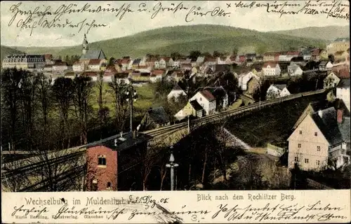 Ak Wechselburg in Sachsen, Blick nach dem Rochlitzer Berg, Eisenbahnschienen