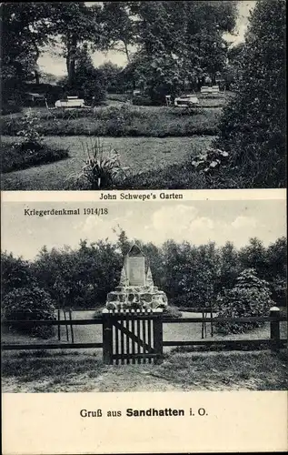 Ak Sandhatten Hatten in Oldenburg, Kriegerdenkmal, Garten von John Schwepe
