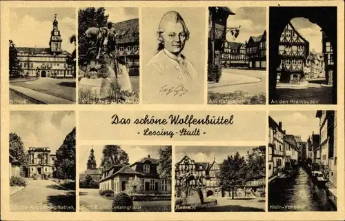 Ak Wolfenbüttel, Lessing, Rathaus, Schloss, An den Krambuden, Herzog-August-Denkmal