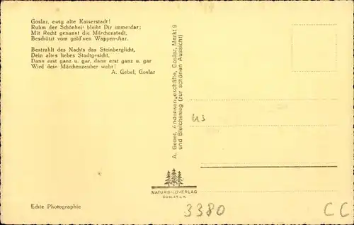 Ak Goslar am Harz, Panorama mit Herzberg und Rammelsberg, Gedicht A. Gebel