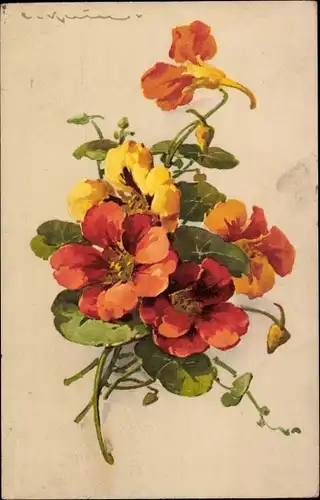 Künstler Ak Klein, C., Blumenstrauß, Orange und gelbe Blumen