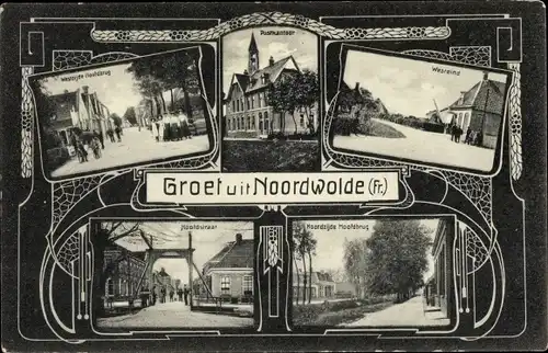 Ak Noordwolde Friesland Niederlande, Hoofdstraat, Westeind, Hoofdbrug, Postkantoor