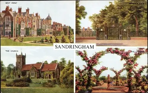 Ak Sandringham East, Sandringham House, West Front, Norwich Gate, The Church, The Gardens