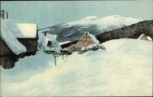 Künstler Ak Iwan, Friedrich, Grenzbauden mit Schneekoppe, Winter, Schnee