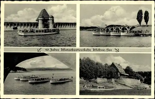 Ak Möhnesee in Westfalen, Motorboote, Talsperre, Motorbootverkehr Möhnesee, Karl Schmitz