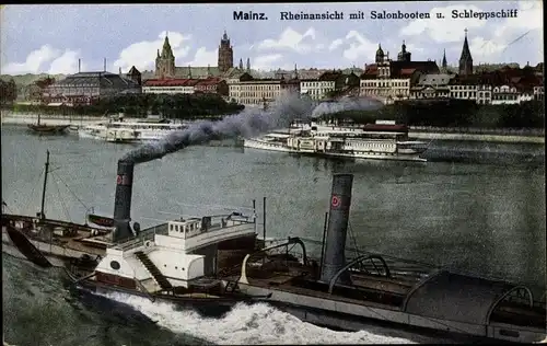 Ak Mainz, Rheinansicht mit Salondampfer und Schleppschiff