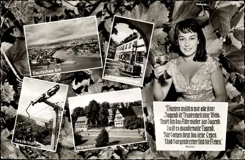 Ak Ehrenbreitstein Koblenz, Deutsches Eck, Schängelbrunnen, Weindorf, Sesselbahn