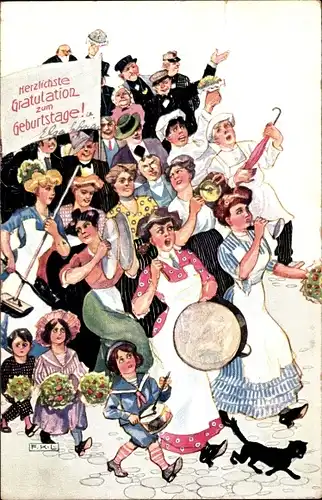Künstler Ak Glückwunsch Geburtstag, Gratulanten, Blumen, Trommel, Katze