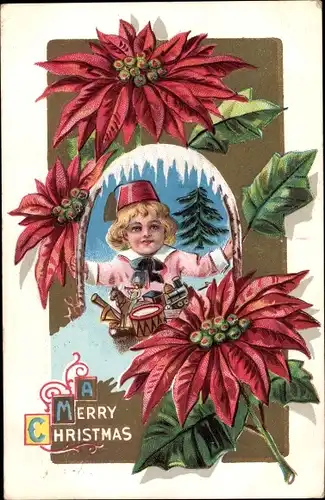 Ak Glückwunsch Weihnachten, Kind mit Geschenken, Blumen, Spielzeuge