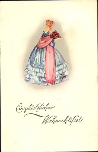 Ak Glückwunsch Weihnachten, Frau in blauem Kleid, Schal, Geschenk, Essen