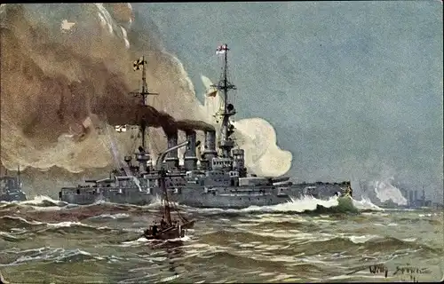 Künstler Ak Stöwer, Willy, Deutsches Kriegsschiff, Linienschiff mit Kaiserstandarte