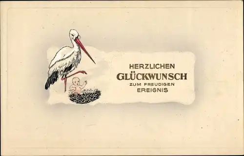 Litho Glückwunsch zur Geburt, Storch, Kind im Nest