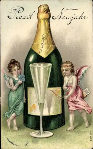 Präge Litho Glückwunsch Neujahr, Engel, Sektflasche, Sektglas